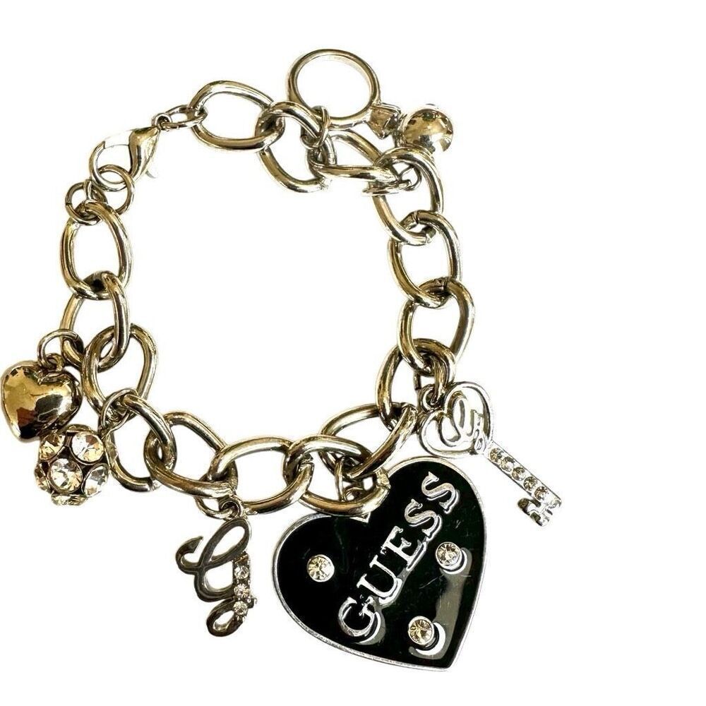 GUESS SILVER TONE CHAIN BLACK HEART CRYSTAL LOGO LOCK & KEY CHARM BRACELET
